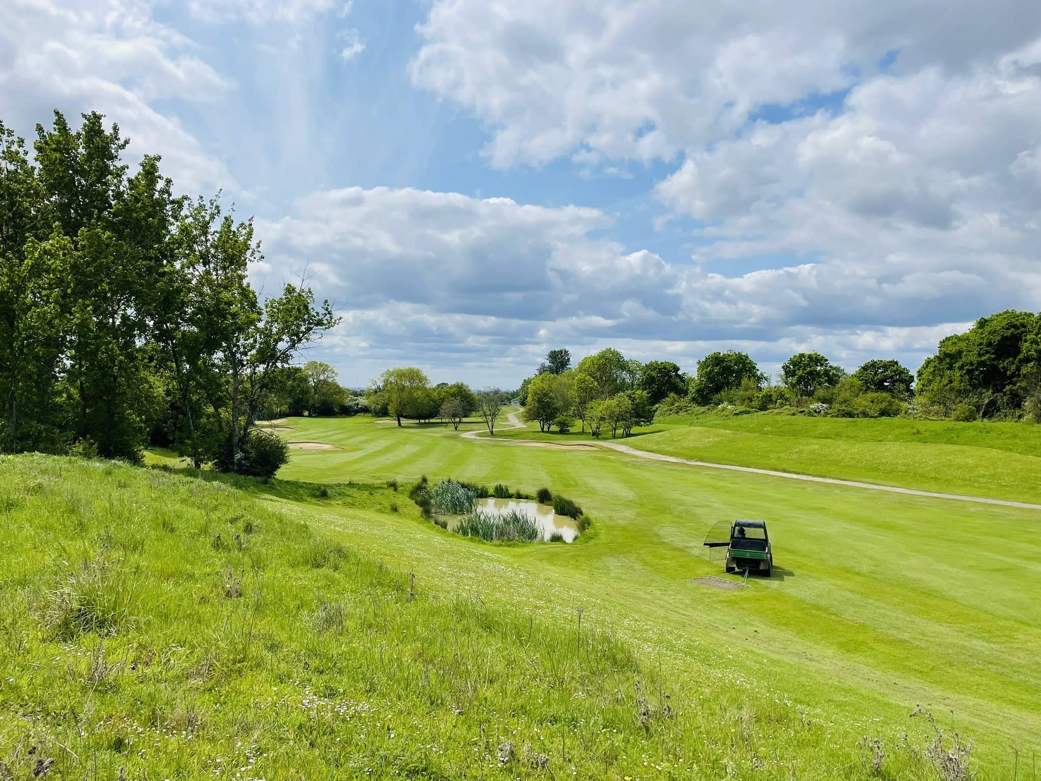 A buggy crossing the course beside one of the ponds